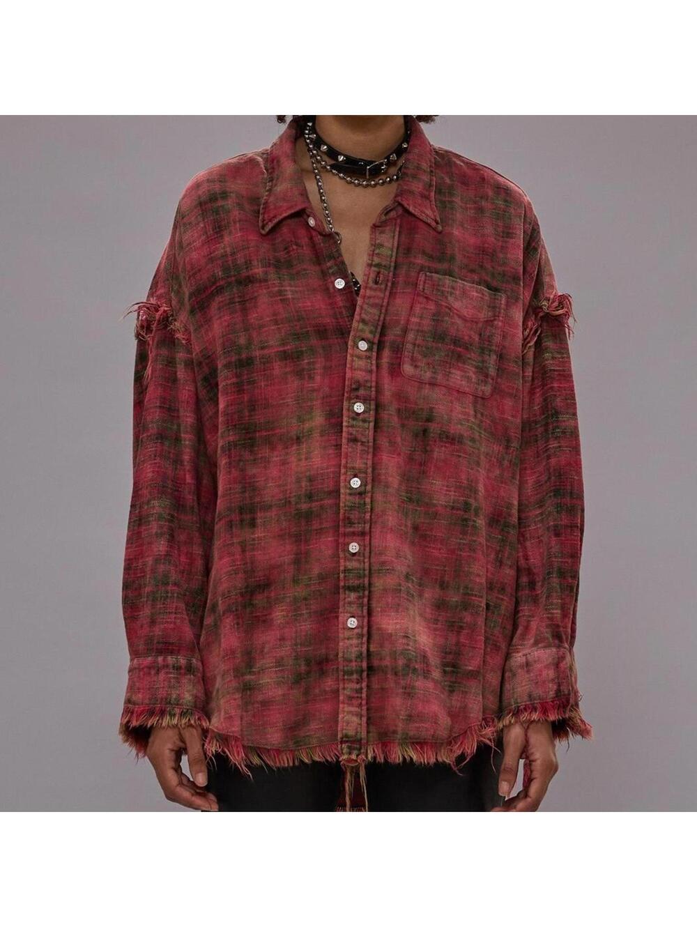 NWT~R13 Shredded Seam Drop Neck Shirt in Bleached Out Red Plaid Size M